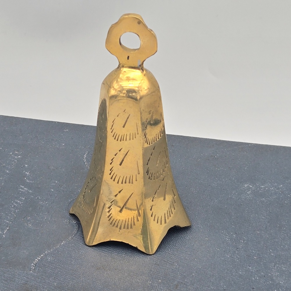 Vintage Small Solid Brass Bell Scalloped Edge Etched Design Meditation Chime 4"
